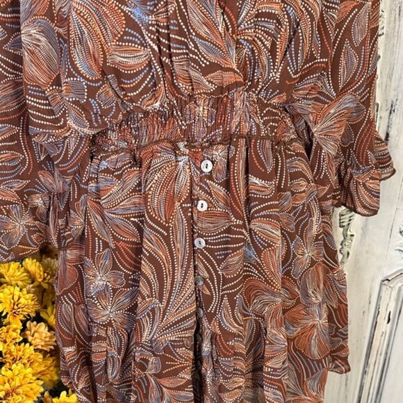 Olivaceous Bohemian Brown Floral Patterned Women's Babydoll Mini Dress/Romper - Picture 5 of 13